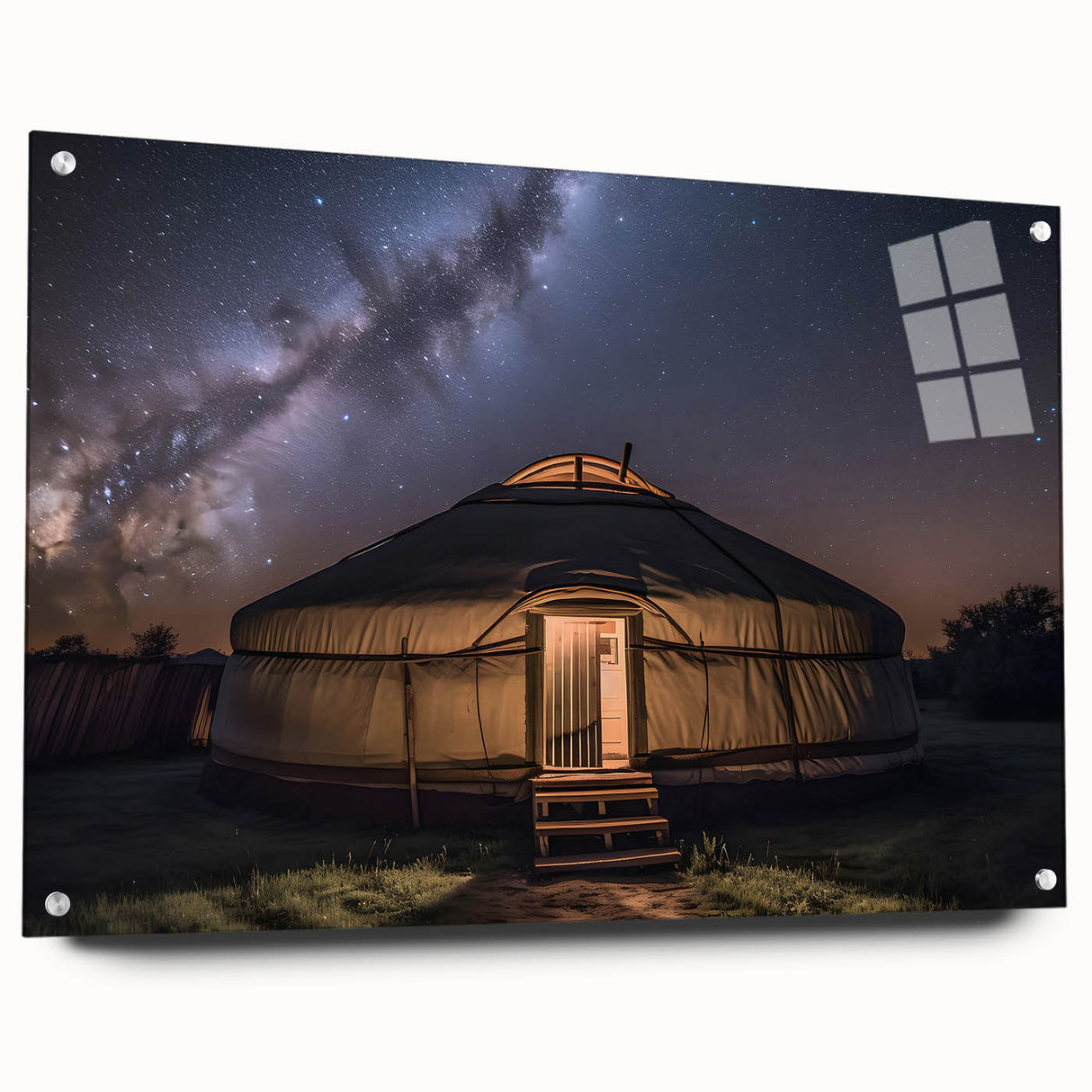 Large abstract wall art depicting a Mongolian landscape in muted earth tones on acrylic glass.