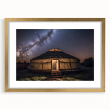 Extra large abstract art print featuring textured scenery of Mongolia in muted earth tones, framed in gold.