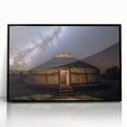 Large abstract wall art depicting a Mongolian landscape in muted earth tones, framed in black acrylic.
