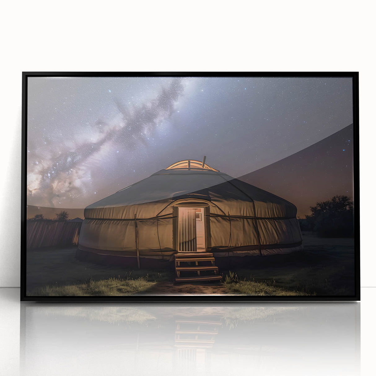 Large abstract wall art depicting a Mongolian landscape in muted earth tones, framed in black acrylic.