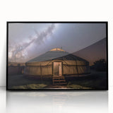 Large abstract wall art depicting a Mongolian landscape in muted earth tones, framed in black acrylic.