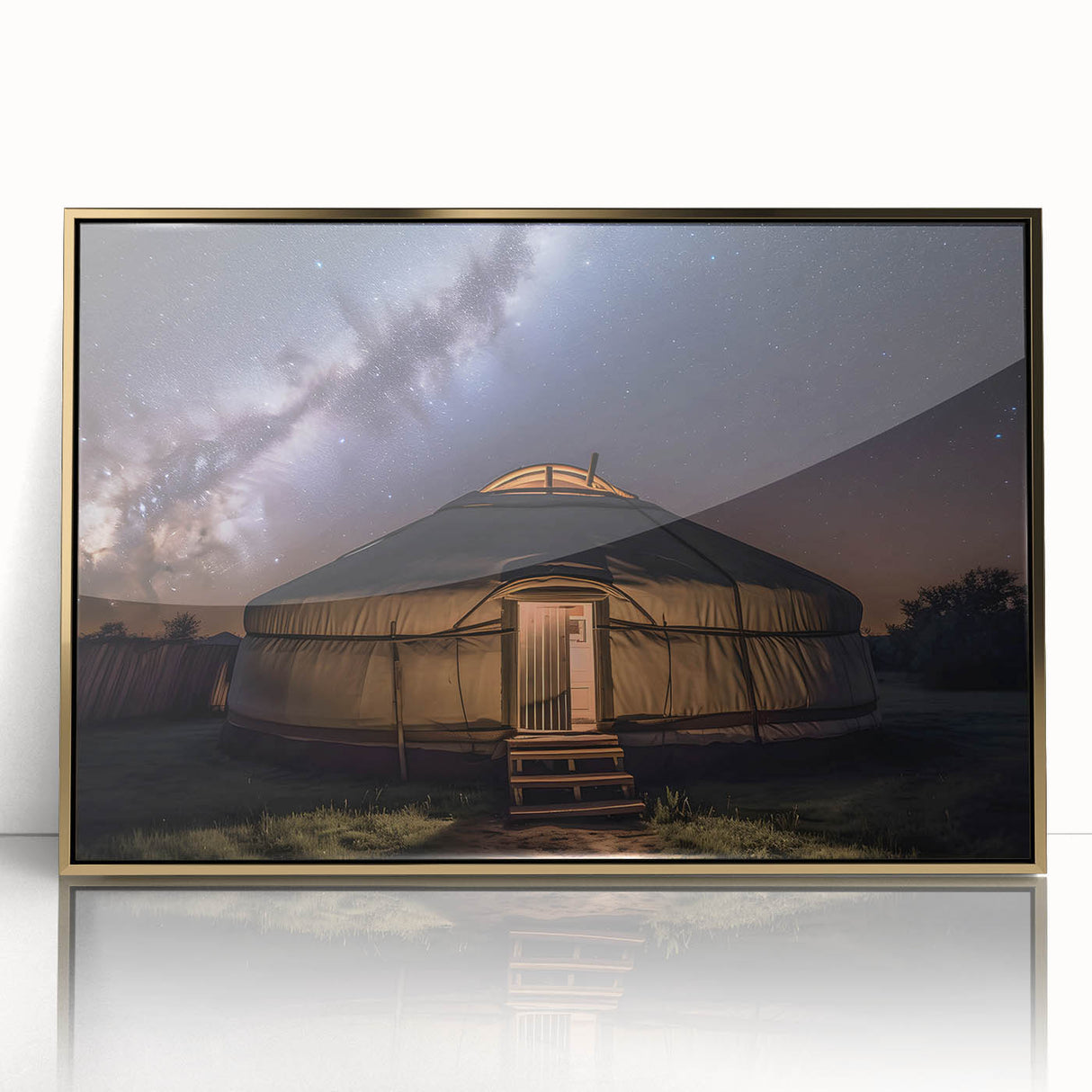 Framed acrylic painting of a Mongolian landscape in soft gold and green tones, ideal for modern art wall decor.