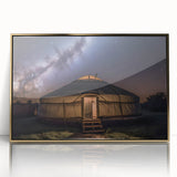 Framed acrylic painting of a Mongolian landscape in soft gold and green tones, ideal for modern art wall decor.