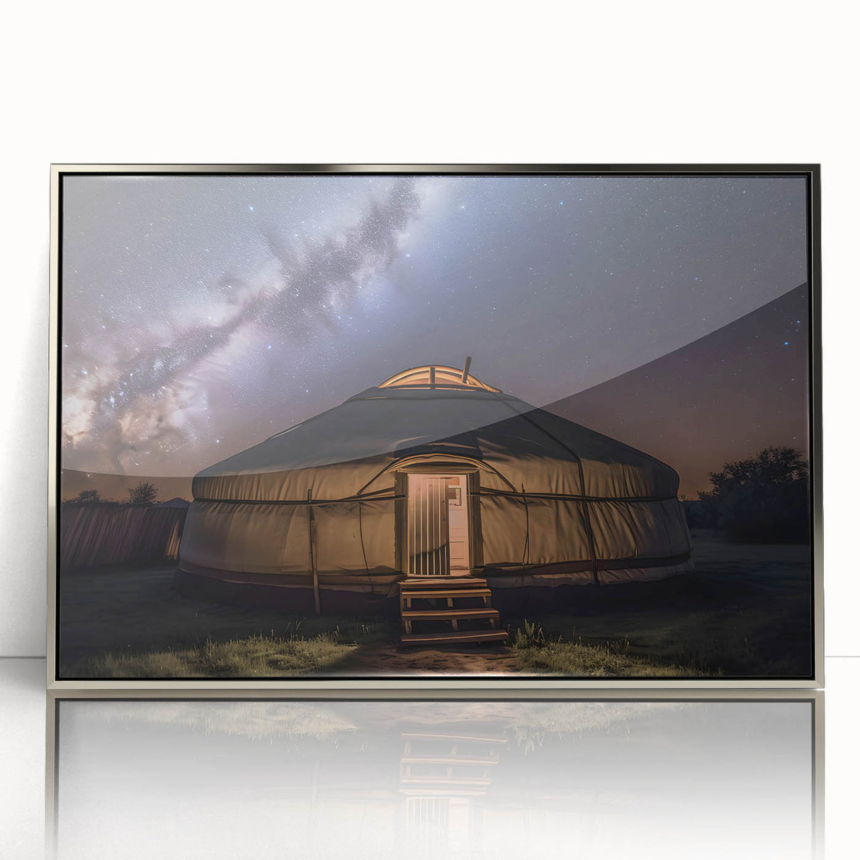 Mid-century modernist art depicting a serene Mongolian landscape in muted earth tones on a framed acrylic print.
