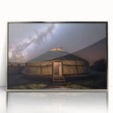Mid-century modernist art depicting a serene Mongolian landscape in muted earth tones on a framed acrylic print.