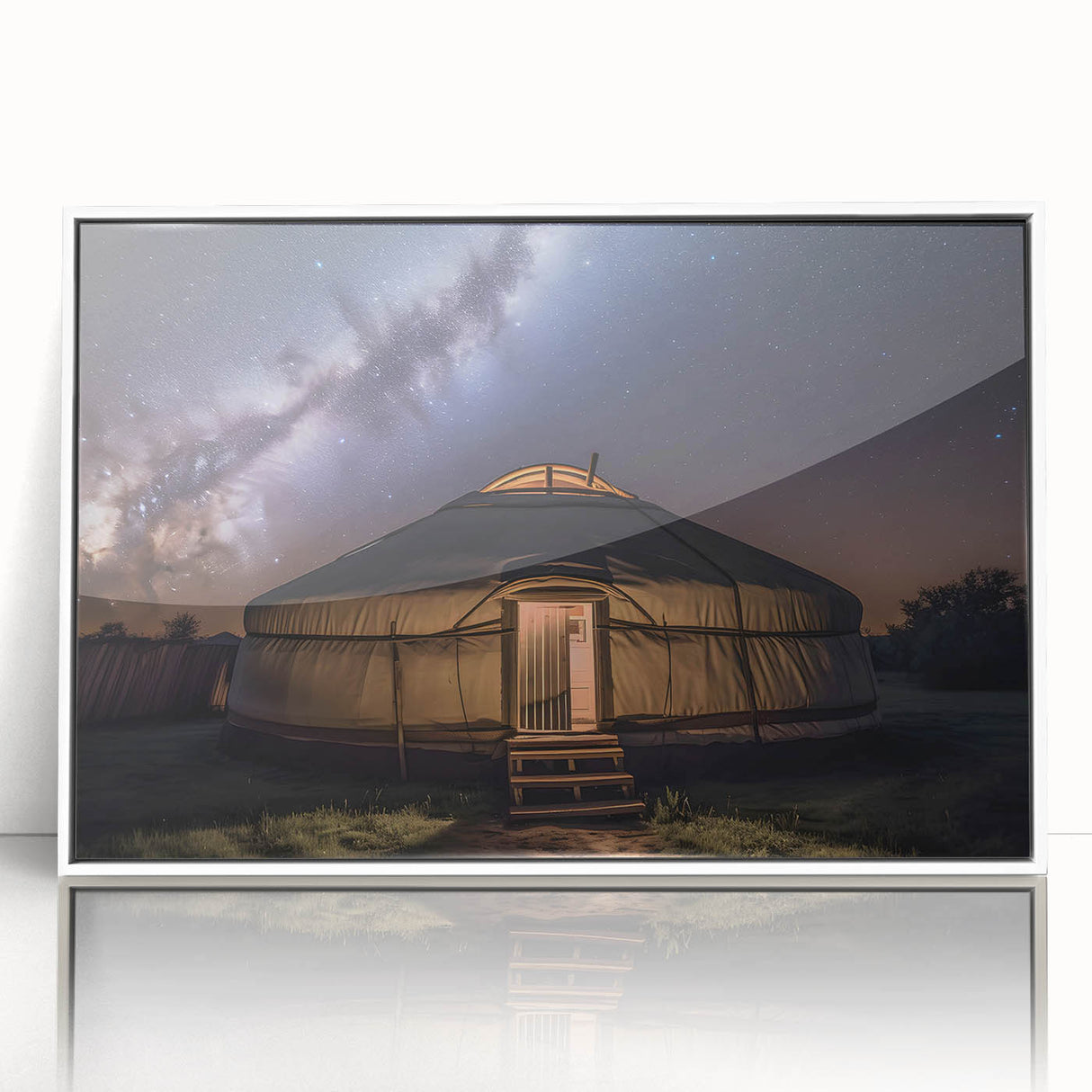 Art deco poster of a Mongolian landscape in muted earth tones on framed acrylic, suitable for modern nursery decor.