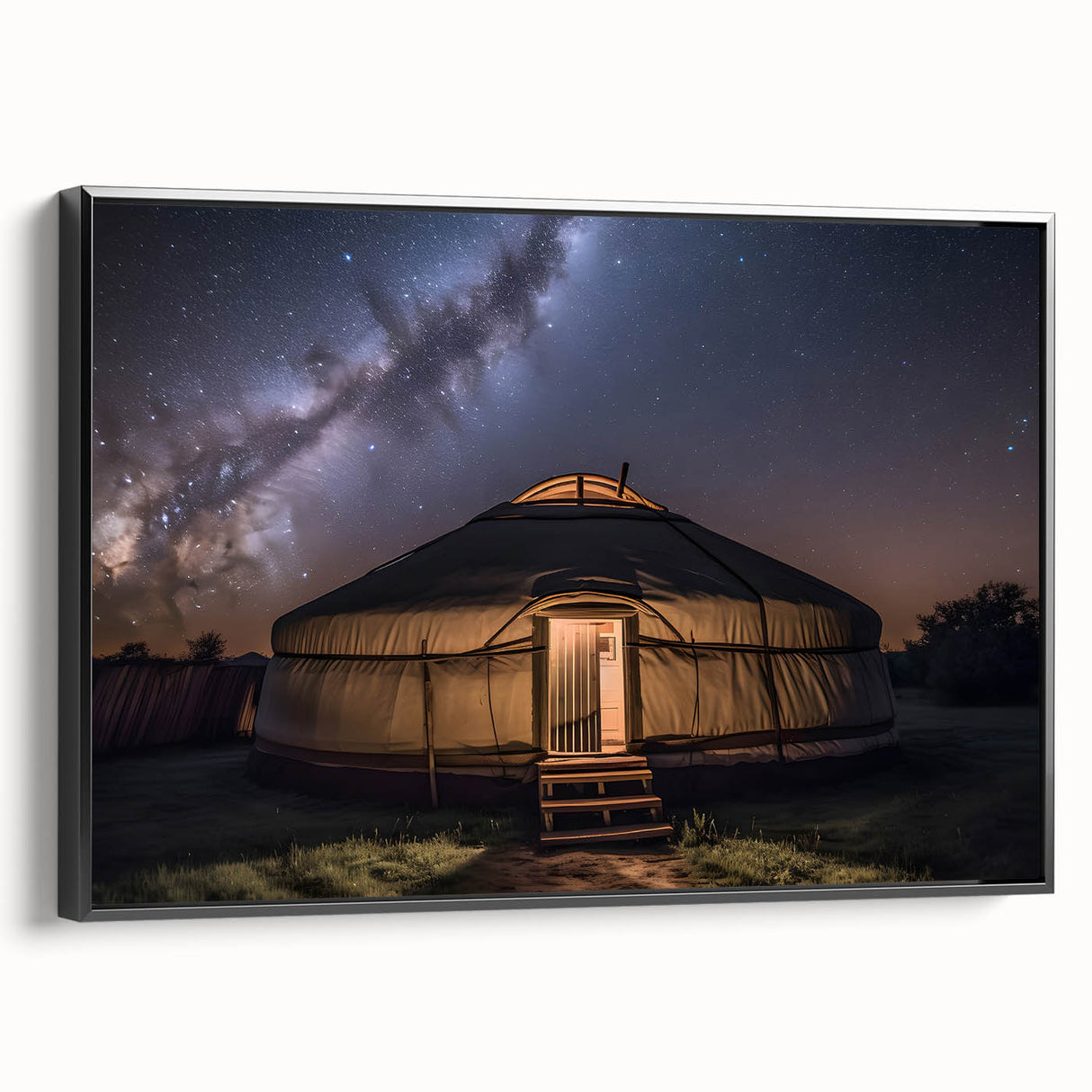Black and white framed canvas depicting a vintage Mongolian landscape, ideal for bedroom wall art.