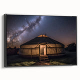 Black and white framed canvas depicting a vintage Mongolian landscape, ideal for bedroom wall art.