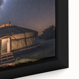 Extra large framed canvas of a textured Mongolian landscape in black with colorful accents, ideal for living room decor.