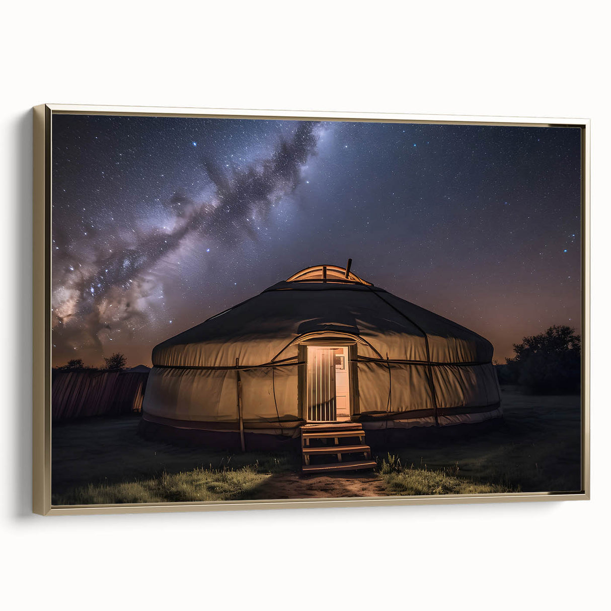 Framed canvas depicting a serene Mongolian landscape in muted earth tones, ideal for bedroom wall art.