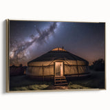 Framed canvas depicting a serene Mongolian landscape in muted earth tones, ideal for bedroom wall art.