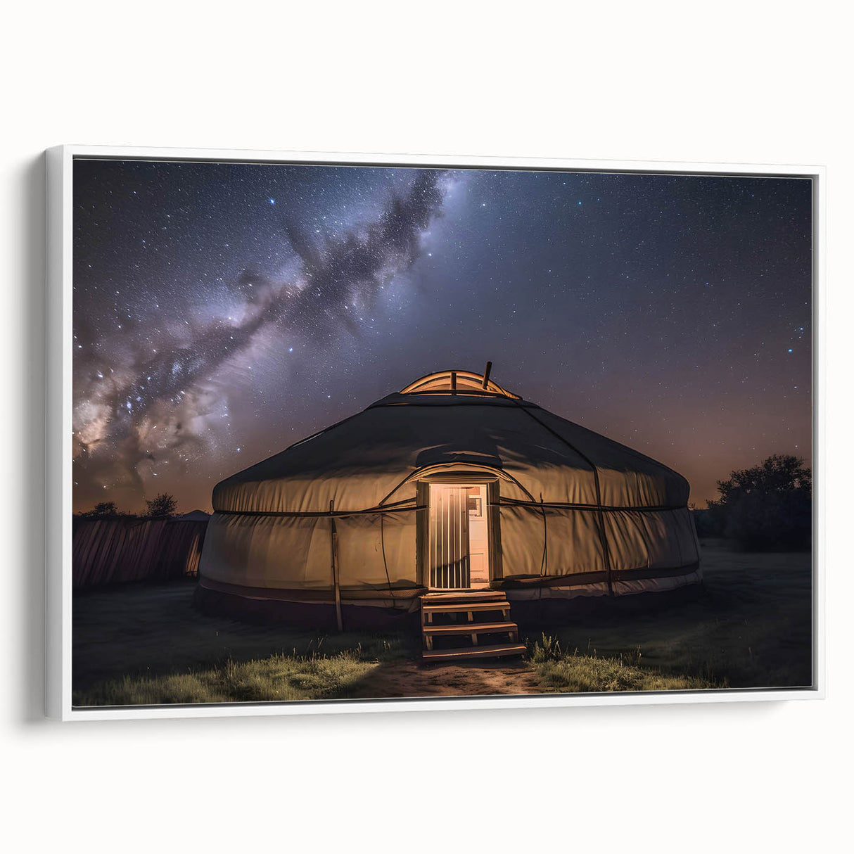 Vintage poster art of a Mongolian landscape on a framed canvas, featuring vivid colors, ideal for living room decor.
