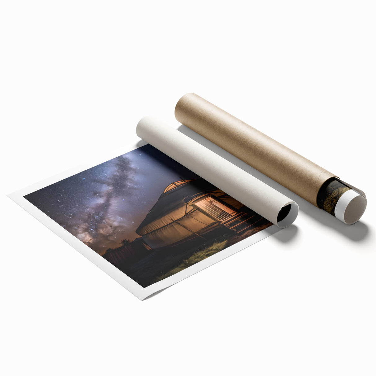 Extra large rolled print of a Mongolian landscape with soft floral elements in muted earth tones.