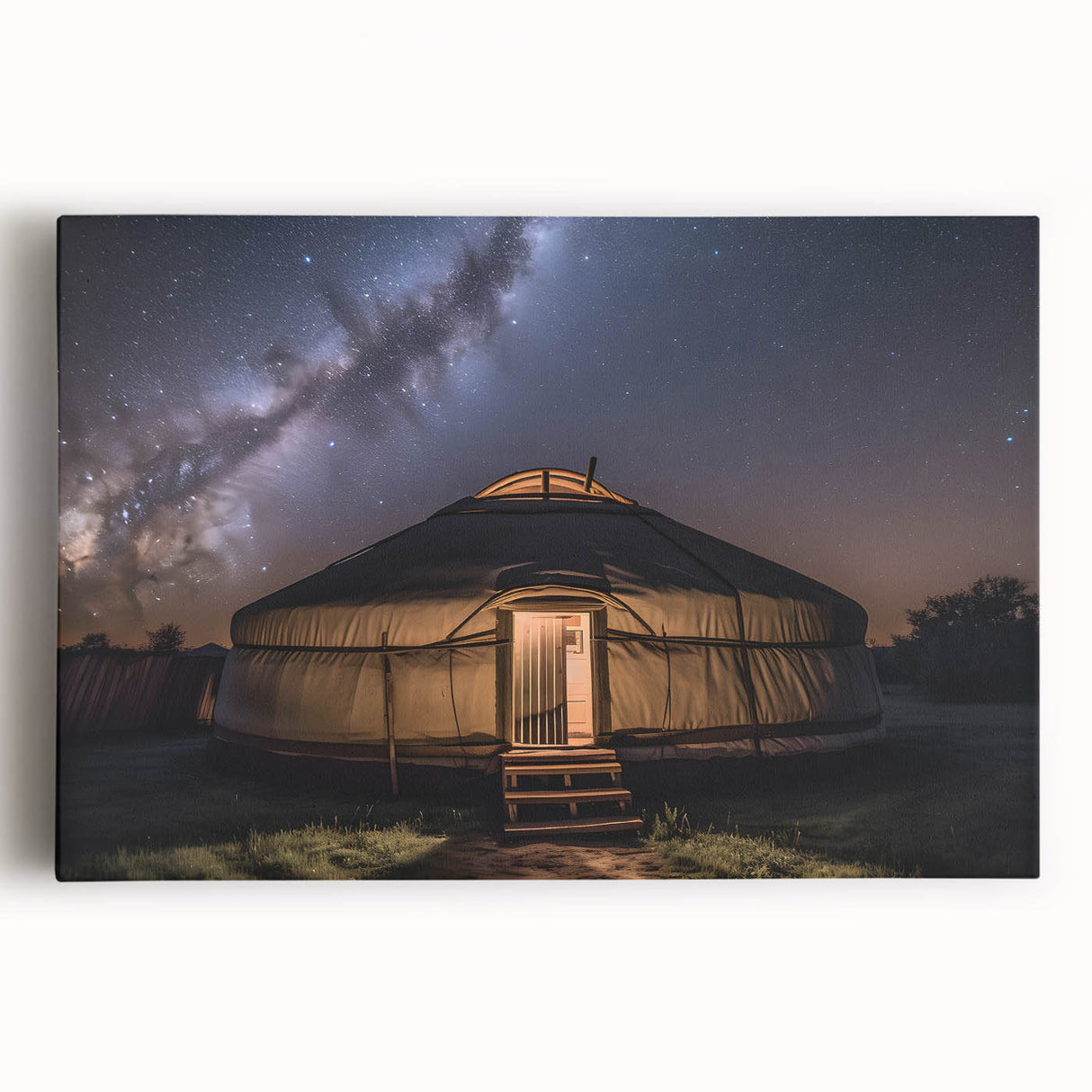 Black and white photograph of Mongolian landscape on stretched canvas, ideal for kitchen wall art.