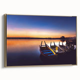Framed canvas wall art depicting a serene Myanmar landscape with a golden sunset, ideal for bedroom decor.