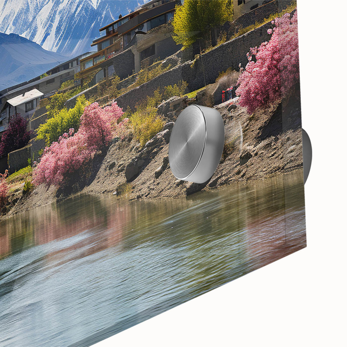 Large abstract wall art depicting a Pakistani scenery in muted earth tones on acrylic glass, ideal for dining room decor.