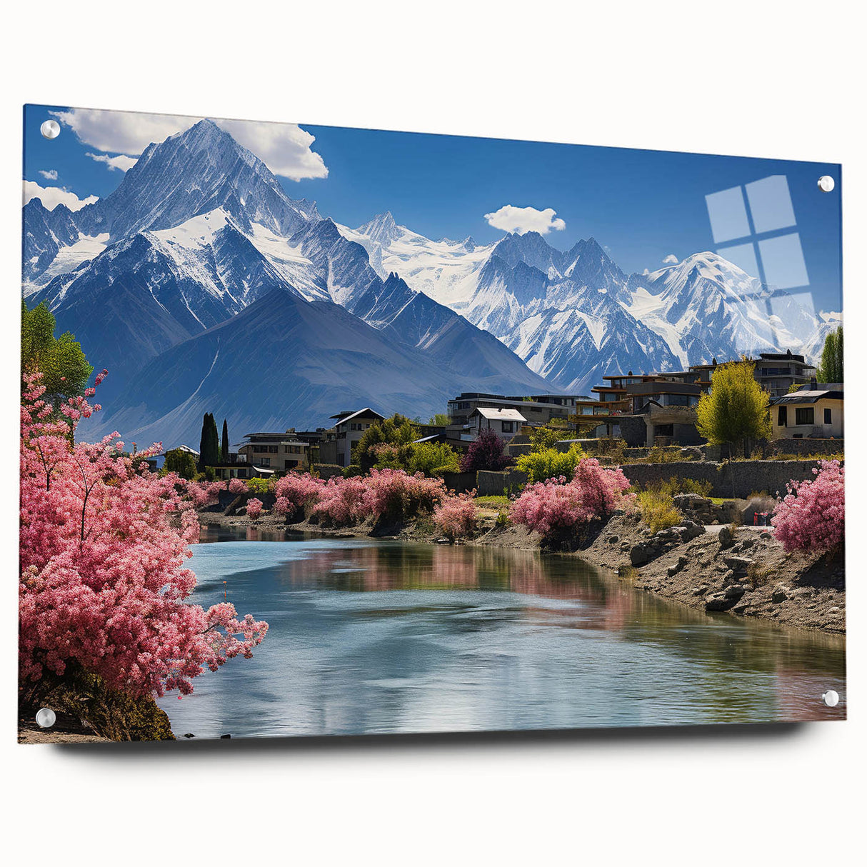 Large abstract wall art featuring vibrant hues of blue and orange on acrylic glass.