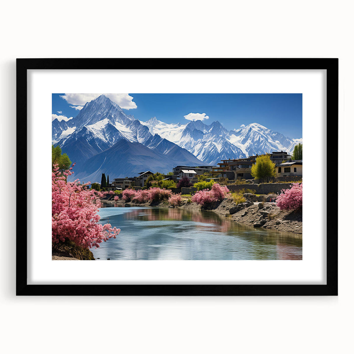 Extra large abstract art print of a colorful, textured scenery in Pakistan, framed in black, ideal for living room decor.