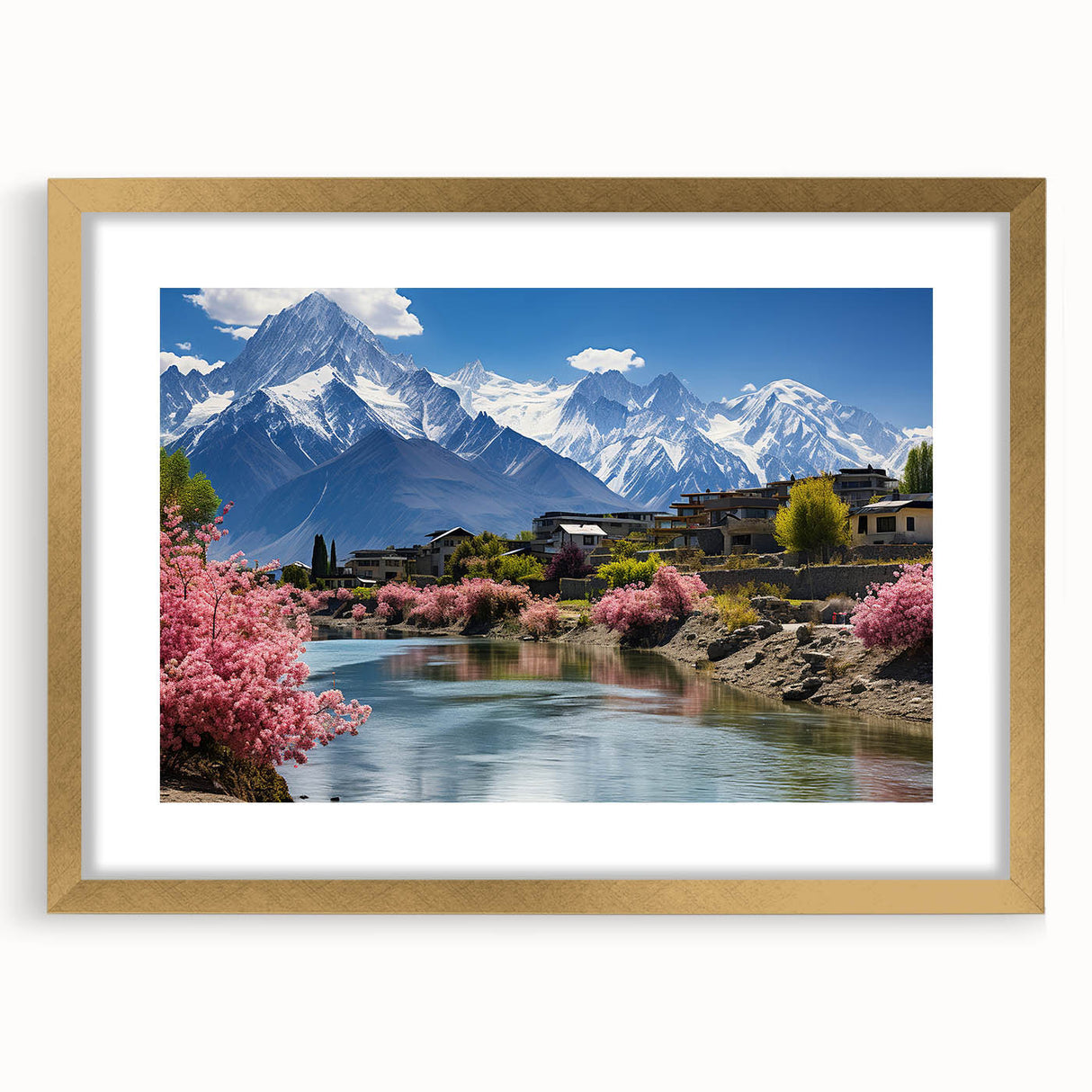 Extra large abstract art print of a textured scenery depicting Asian landscapes in gold and earth tones on a framed canvas.