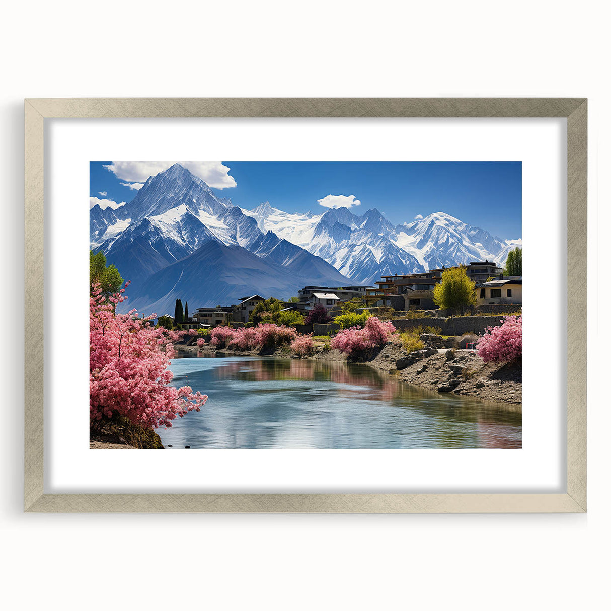 Textured art print of abstract scenery in muted earth tones on a framed canvas, suitable for bedroom decor.