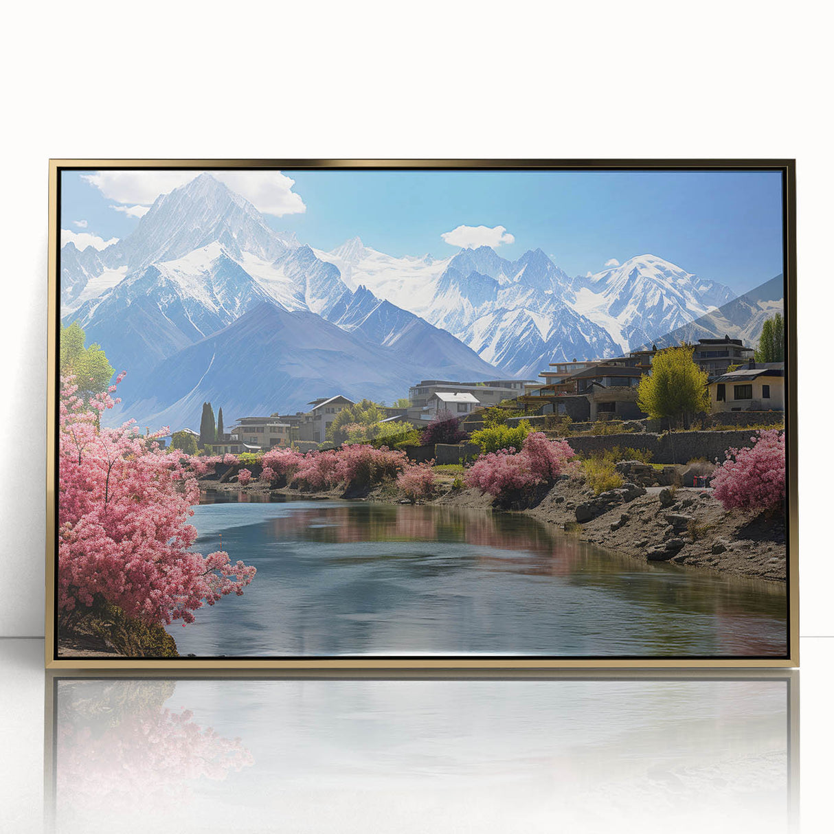 Mid-century modernist style acrylic print of a Pakistani landscape in gold and green tones, ideal for modern art wall decor.