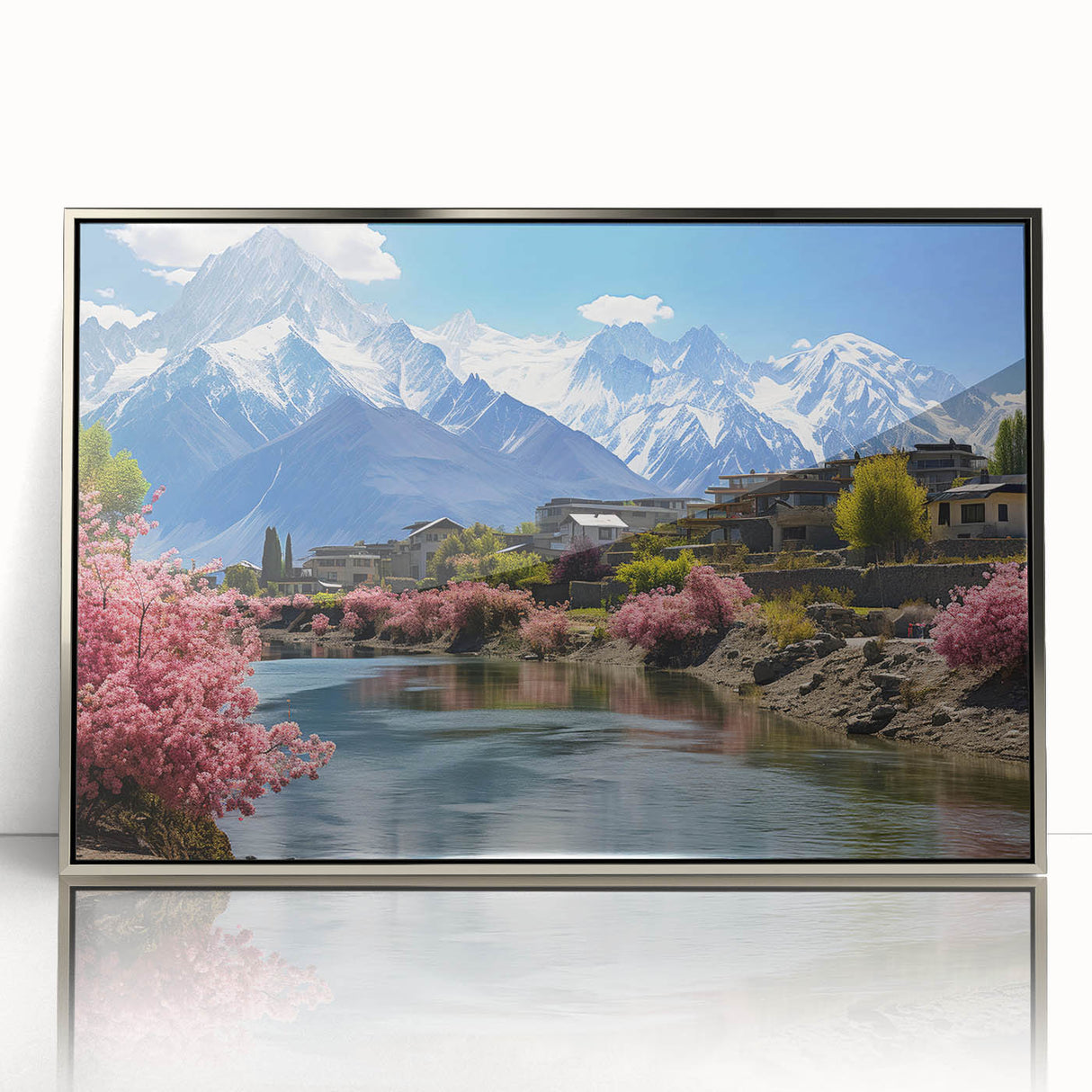 Mid-century modernist art depicting Asian scenery in Pakistan, in muted earth tones on a silver-framed acrylic print.
