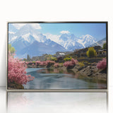 Mid-century modernist art depicting Asian scenery in Pakistan, in muted earth tones on a silver-framed acrylic print.