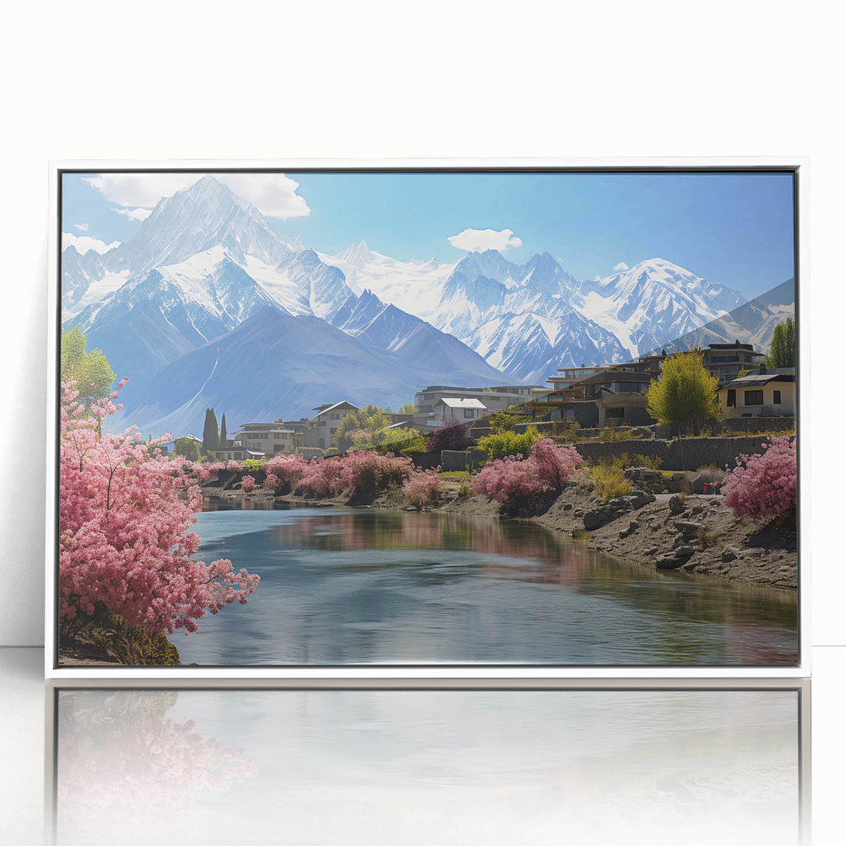 Art deco style poster of a vibrant Pakistani landscape, framed in white acrylic, suitable for modern nursery decor.