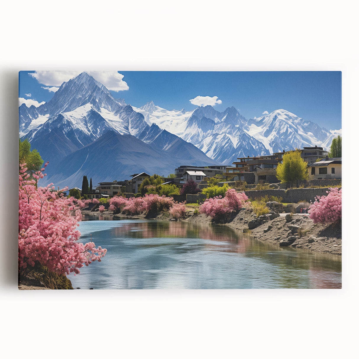 Black and white photograph of a serene Pakistani landscape on large stretched canvas, ideal for kitchen wall art.