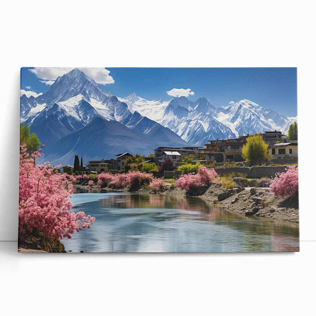 Black and white stretched canvas depicting a serene Pakistani landscape, ideal for kitchen wall art or bedroom ambiance.