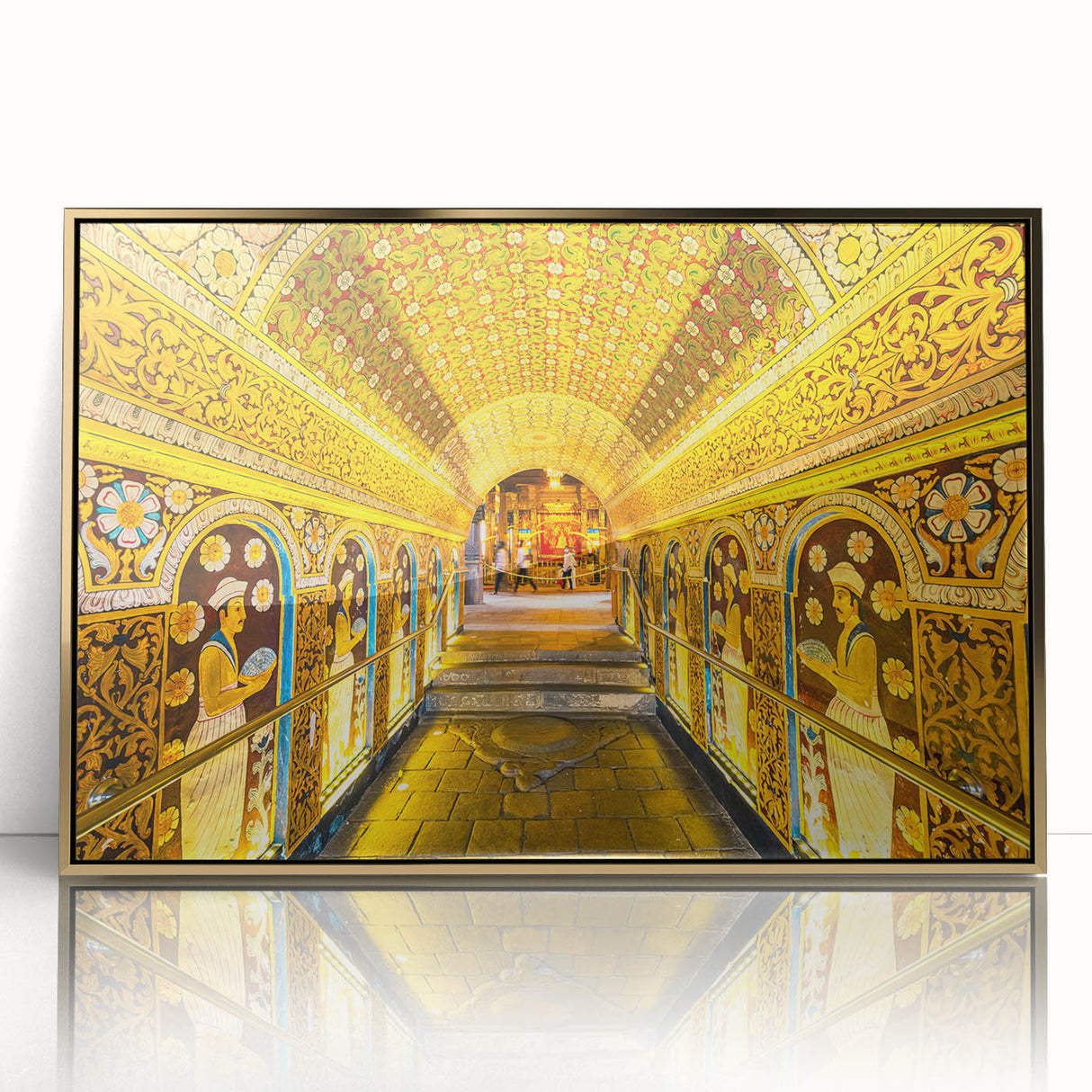 Mid-century modernist art of a Sri Lankan landscape in muted gold tones, framed acrylic, ideal for modern art wall decor.