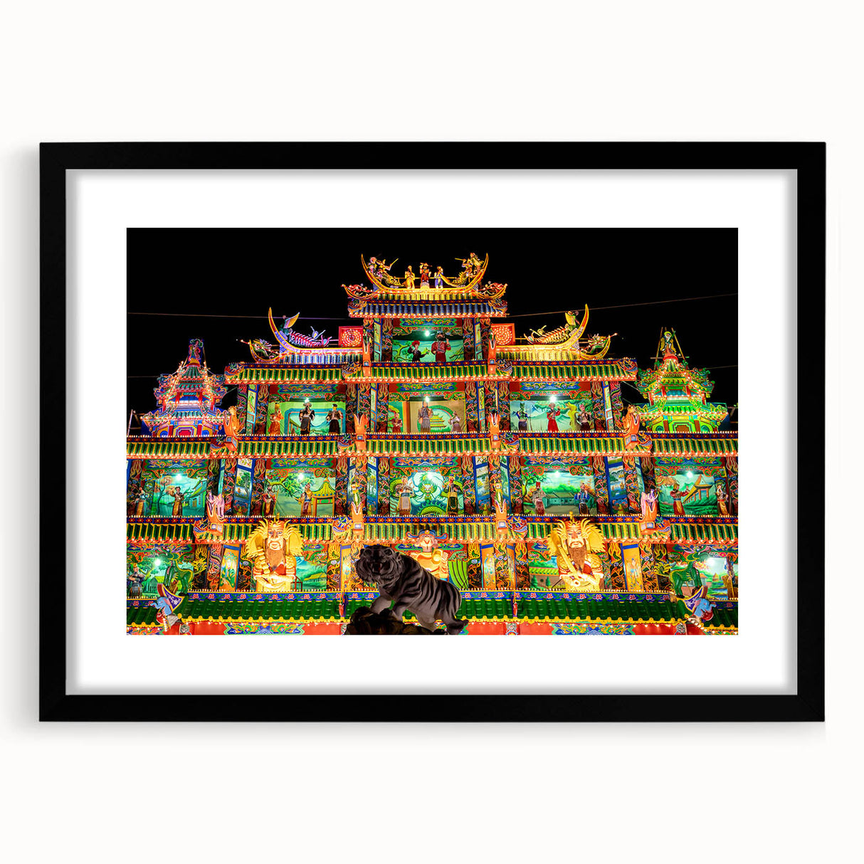 Extra large abstract art print featuring a colorful, textured depiction of a Taiwan scenery on a black framed canvas.