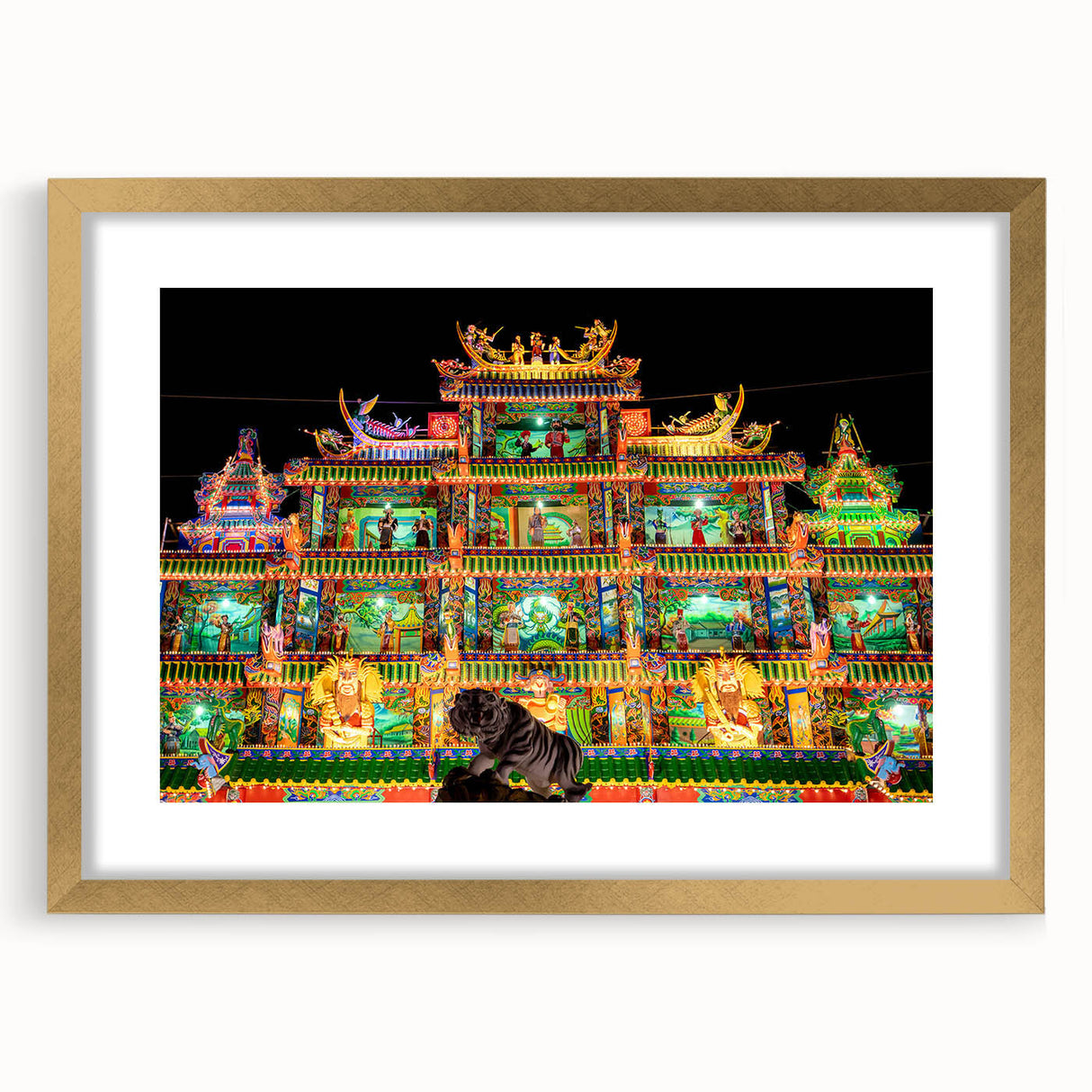 Extra large abstract art print of a Taiwanese landscape in textured gold tones, framed, ideal for living room decor.