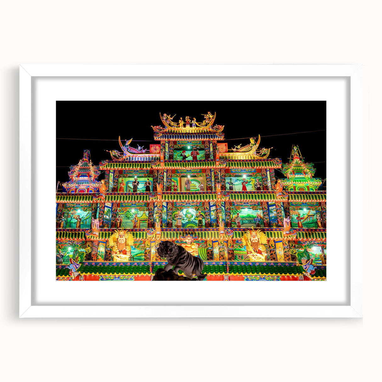 Abstract art print of a serene Taiwanese landscape in soft blue and green hues, framed in white, ideal for dining room decor.