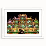 Abstract art print of a serene Taiwanese landscape in soft blue and green hues, framed in white, ideal for dining room decor.