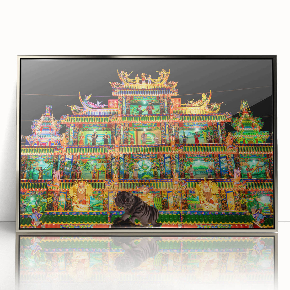 Mid-century modernist art depicting a serene Taiwan landscape in muted earth tones, silver-framed acrylic print.
