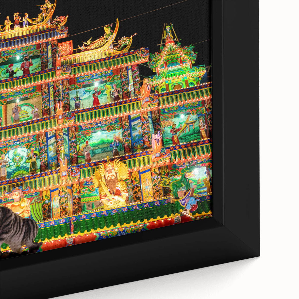 Extra large framed canvas featuring a textured, colorful depiction of a Taiwanese landscape in black with vibrant accents.