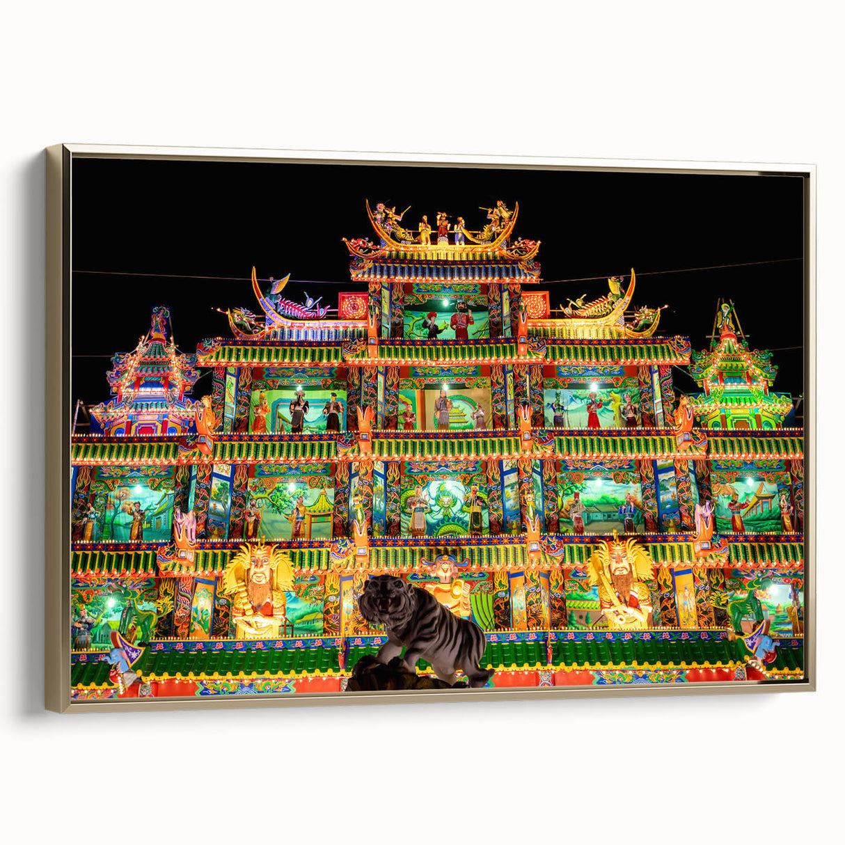 Framed canvas depicting a serene Taiwanese landscape in muted gold and black tones, suitable as wall art for bedrooms.