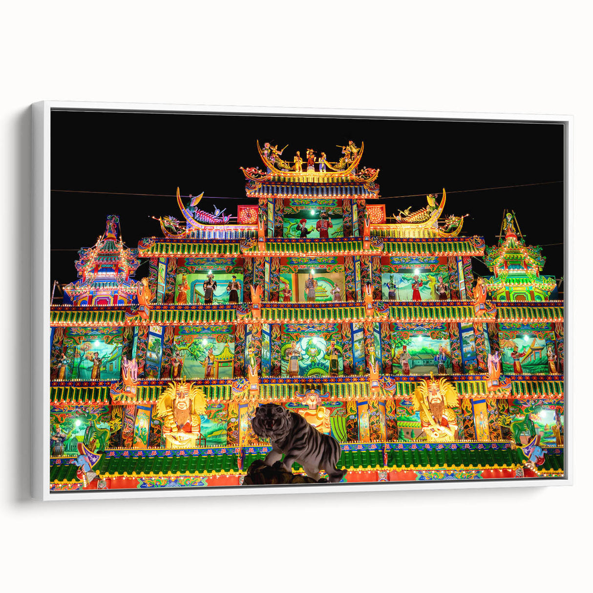 Vintage poster art of a Taiwan scenery on a framed canvas, featuring vibrant colors against a black background.