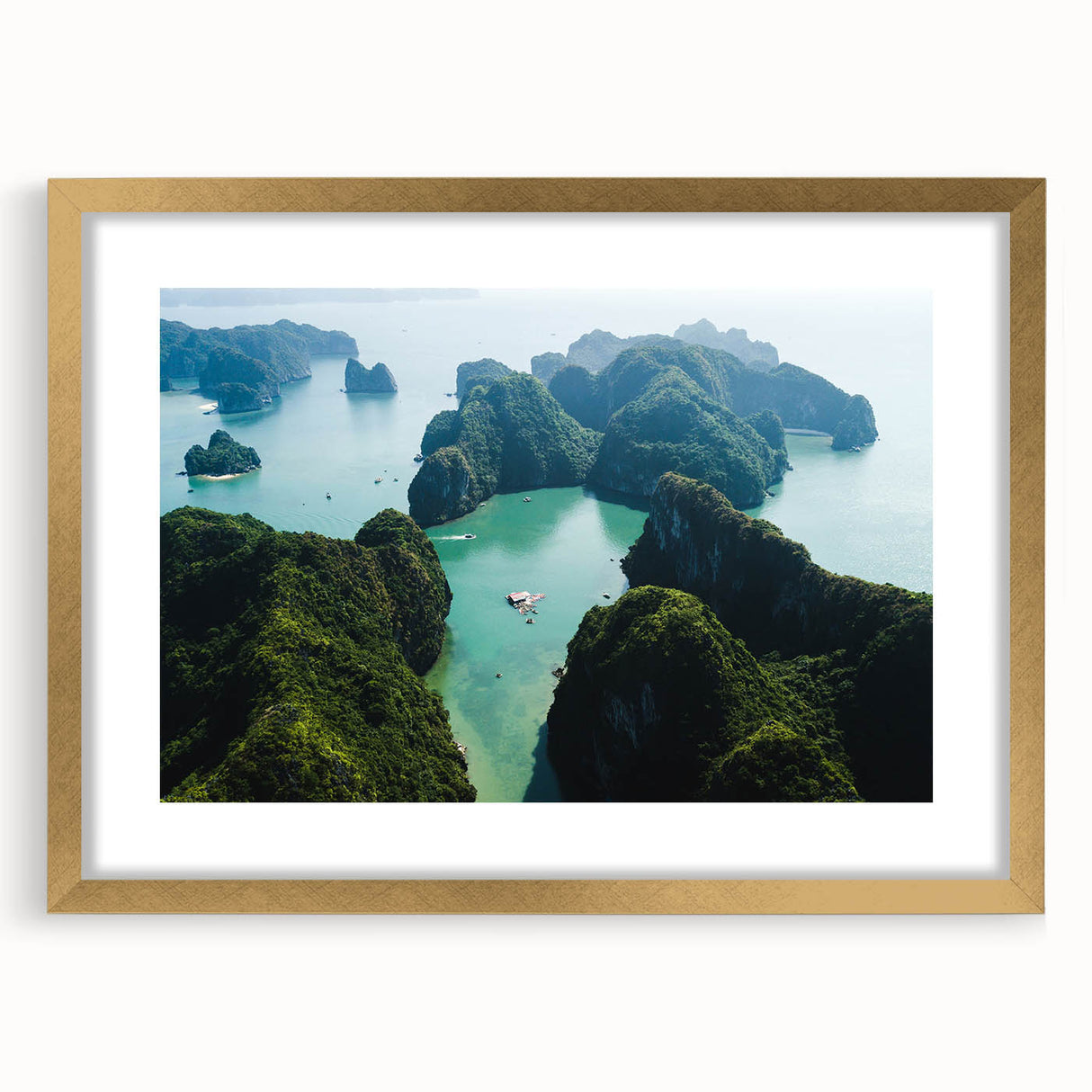 Extra large abstract art print of a textured Vietnamese landscape in gold frame, suited for living room decor.