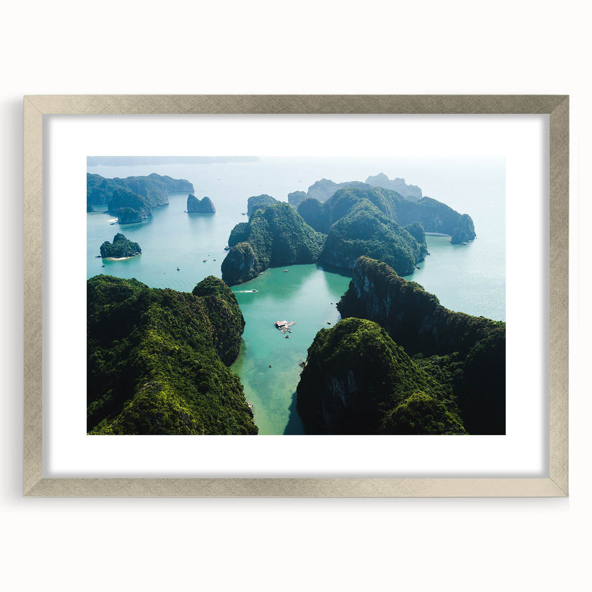 Textured abstract art print depicting a Vietnamese landscape in muted earth tones on a framed canvas.