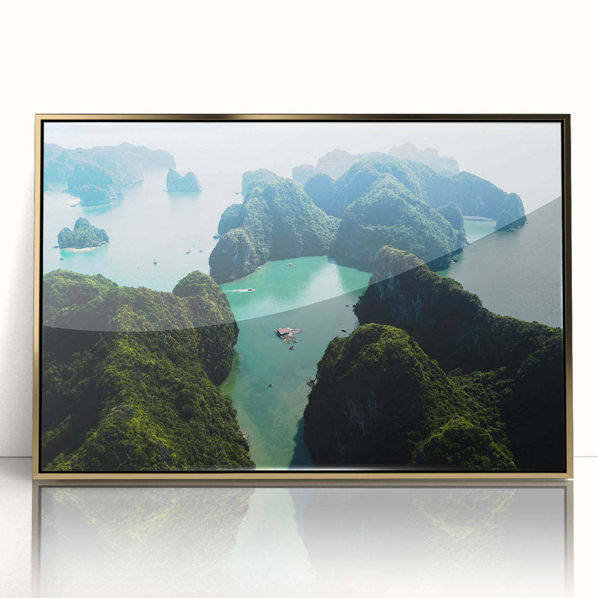 Framed acrylic print of a Vietnamese landscape in muted gold and green tones, suitable for modern art wall decor.