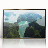 Framed acrylic print of a Vietnamese landscape in muted gold and green tones, suitable for modern art wall decor.