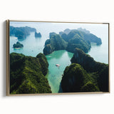 Framed canvas featuring a vintage-style landscape painting of a Vietnamese scenery in muted gold and black tones.