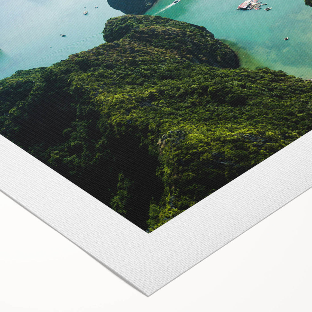 Art deco poster of a serene Vietnamese landscape in muted green and blue tones on rolled canvas.