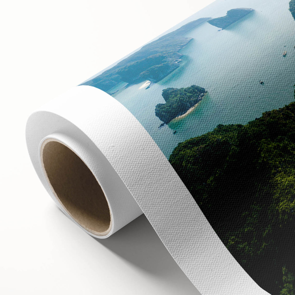 Art Deco style poster of Vietnam scenery in muted greens and blues on rolled canvas, ideal for nursery wall art.