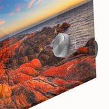 Large abstract wall art depicting Tasmania scenery in muted earth tones on acrylic glass, suitable for dining room ambiance.