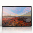 Large abstract wall art depicting a Tasmanian landscape in muted earth tones, framed in black acrylic.