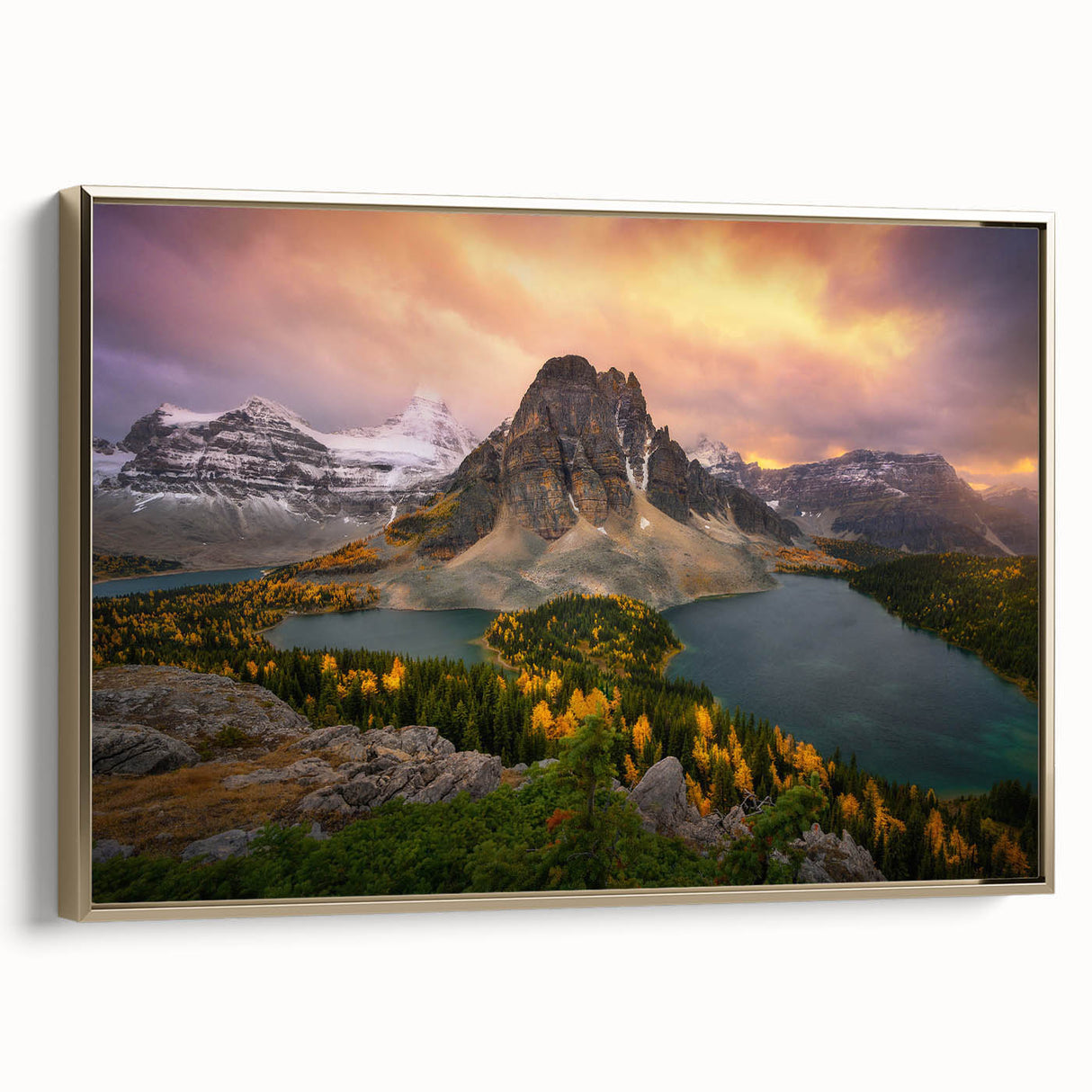 Framed canvas featuring a vintage-style landscape painting of British Columbia, with muted earth tones.