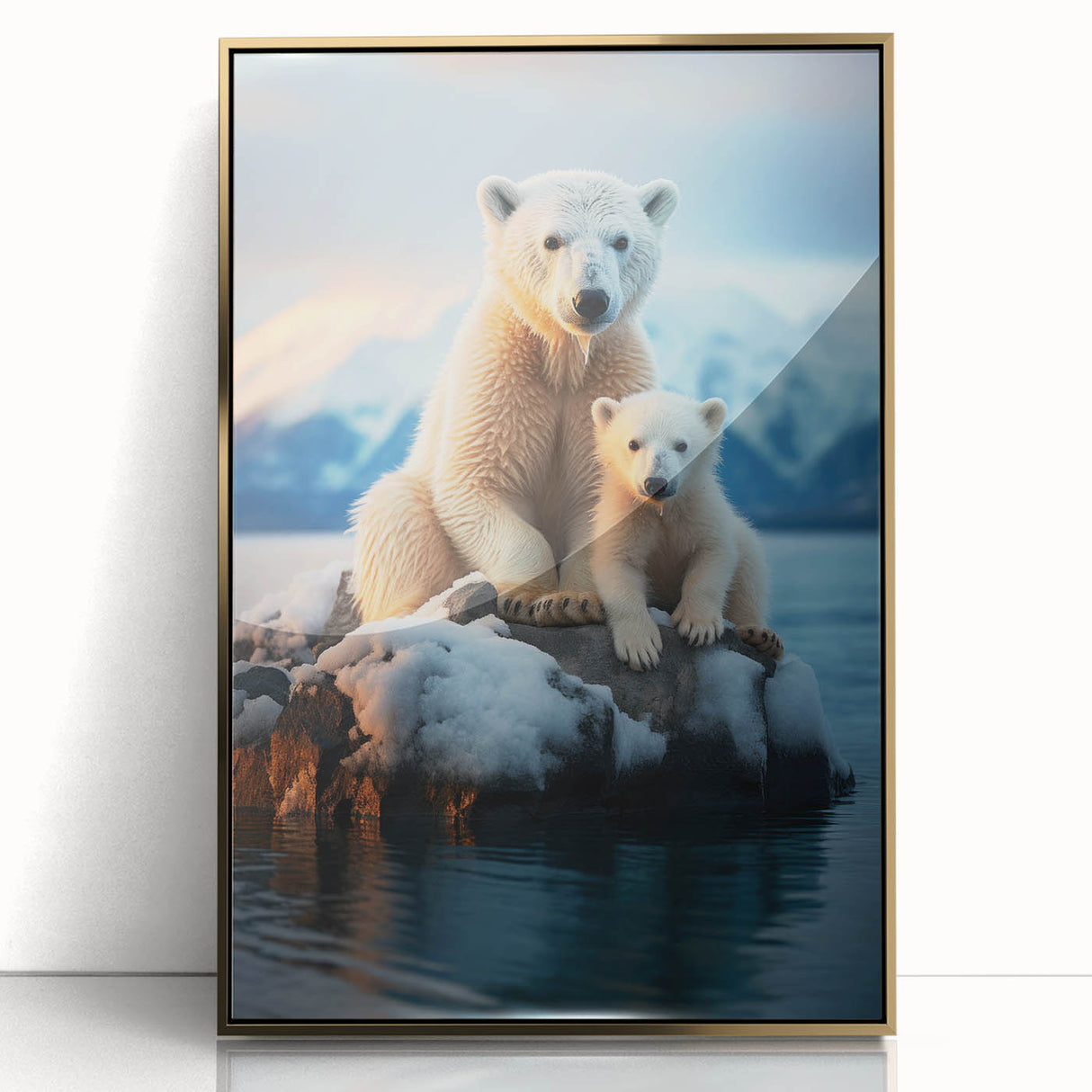 Large art print of a Manitoba, Canada scenery in mid-century modernist style, framed in gold acrylic.